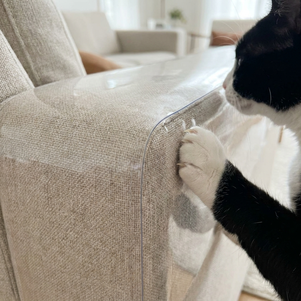 Patte de chat posée sur un film transparent qui recouvre l'accoudoir d'un canapé en lin (image générée par IA)
