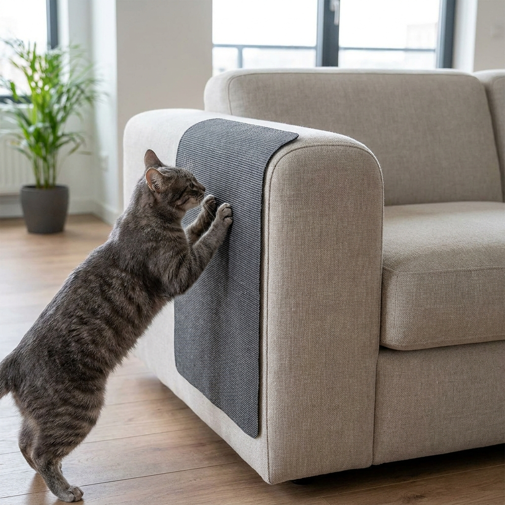 Chat gris qui griffe un tapis griffoir posé sur l'accoudoir d'un canapé en lin (image générée par IA)