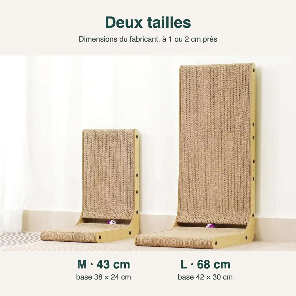 Les deux tailles du griffoir en L : M, 43 cm de haut, base 38 × 24 cm ; L, 68 cm de haut, base 42 × 30 cm (photo du fabricant)