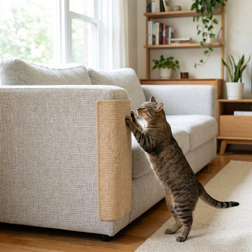 Tapis griffoir beige sable collé sur l'avant de l'accoudoir, un chat tigré le griffe (image générée par IA)