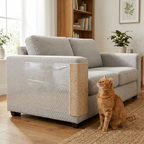 Film transparent sur le côté de l'accoudoir et tapis beige sable sur l'avant, un chat roux assis devant (image générée par IA)
