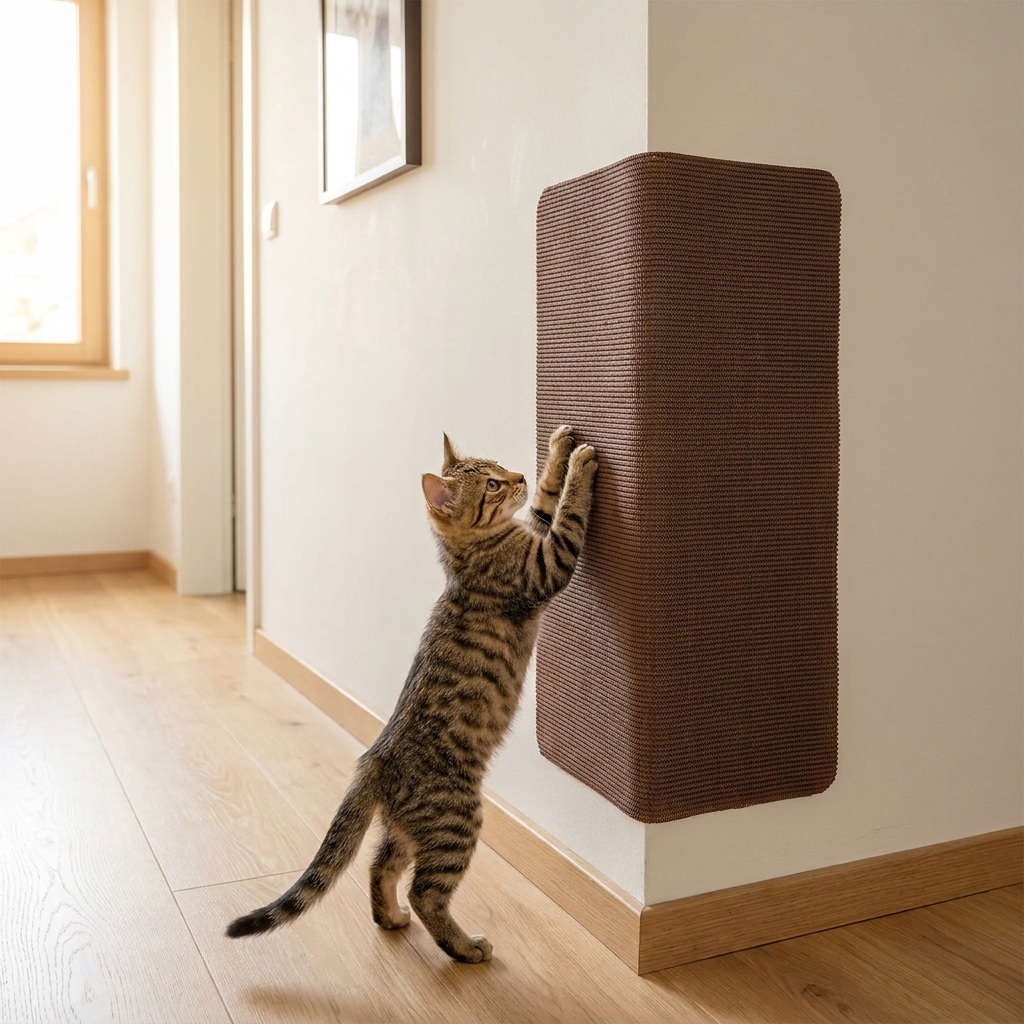 Tapis griffoir marron collé autour d'un angle de mur, un chaton tigré le griffe (image générée par IA)