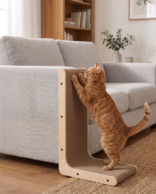 Chat roux qui fait ses griffes sur le griffoir en L posé contre l'accoudoir d'un canapé gris clair (illustration créée par IA)